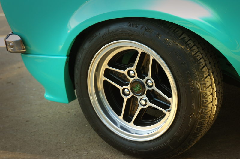 Close-up of the front wheel of a Mark 2 Ford Escort